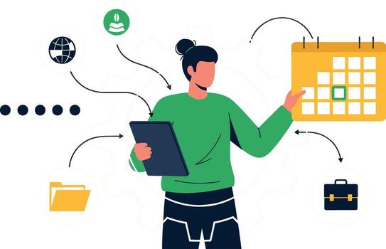 Focused woman planning tasks with digital tablet and calendar in a modern office representing productivity and time management for busines vector