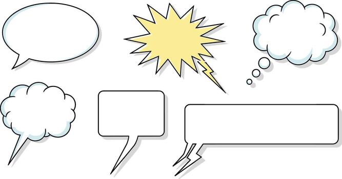 Variety of comic speech bubbles and thought clouds in a dynamic arrangement for creative storytelling and visual communication on a white vector