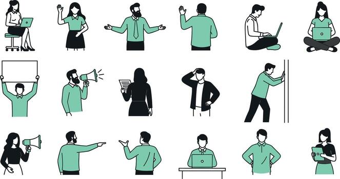 Diverse group of people in various poses and activities showcasing communication work and interaction in a modern and minimalist style ill vector