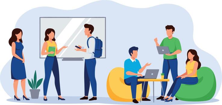 Diverse team collaborating in a modern office space brainstorming ideas and working on laptops fostering a creative and productive atmosph vector