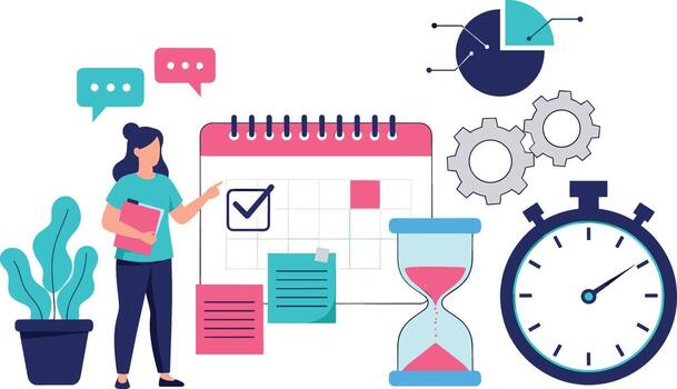 mujer señalando a un calendario en un brillante oficina ilustrando hora administración Planificación y productividad para lograr metas y plazos vector