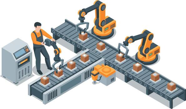 Factory worker operating robotic arms on a conveyor belt in a modern industrial setting showcasing automation and precision manufacturing vector