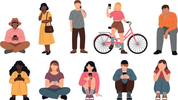 Diverse group of people using smartphones in various poses and settings showcasing modern communication and digital lifestyle with a conne vector