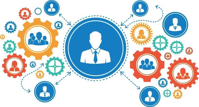 Interconnected business network connecting people through gears and lines on a white background symbolizing teamwork and collaboration for vector