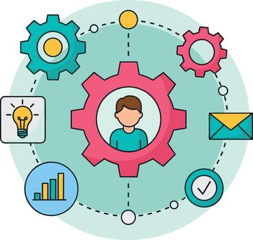 Business process management with a person inside a gear surrounded by icons in a light green background conveying efficiency and connectiv vector