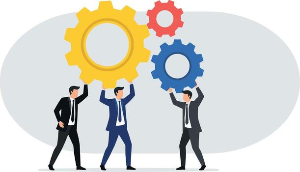 Team of business people lifting gears in a bright office environment symbolizing collaboration teamwork and the power of working together vector
