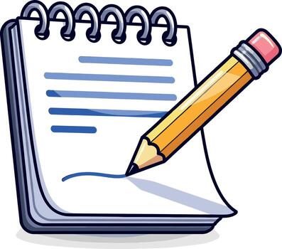 Yellow pencil writing on a spiral notebook with blue lines illustrating creativity and the process of taking notes in a bright setting vector