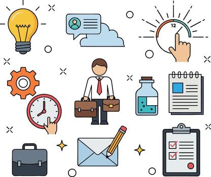 Business professional managing tasks and deadlines in a modern office environment symbolizing productivity and efficiency with various bus vector