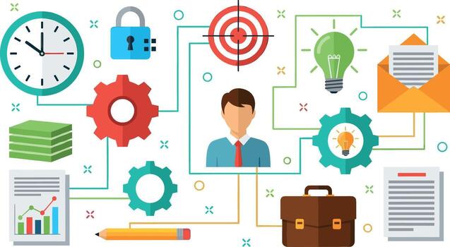 Abstract business person connecting ideas and tasks in a modern workflow environment symbolizing project management and strategic planning vector