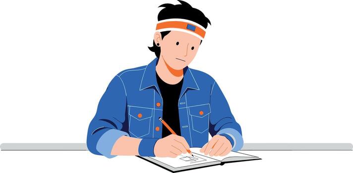Young man in a denim jacket sketching intently in a notebook at a desk showcasing creativity and focus in a minimalist modern setting vector