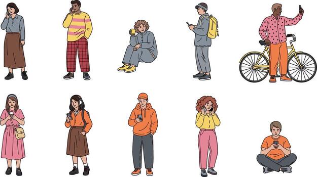 diverso grupo de personas utilizando móvil Los telefonos en varios poses y ajustes exhibiendo moderno comunicación y conexión con un casual y vector