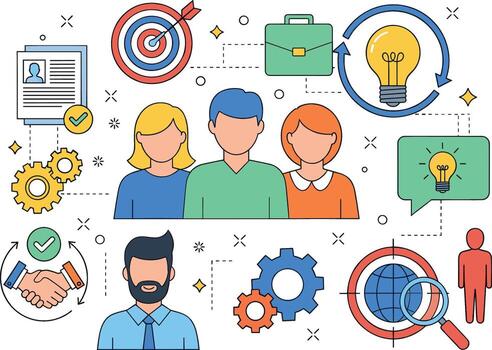 Diverse team collaborating on business strategies in a modern office fostering innovation and achieving goals with a positive and collabor vector