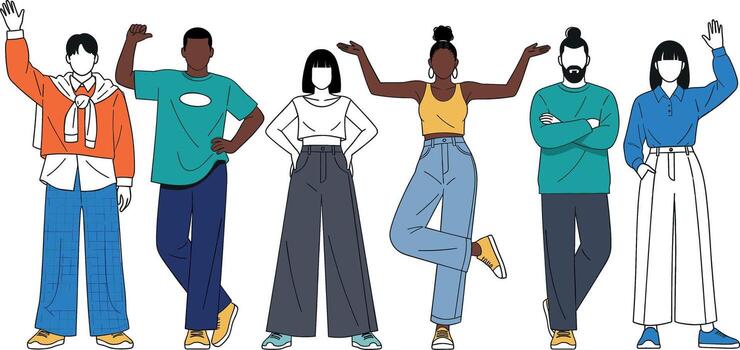 Diverse group of faceless people posing in a studio showcasing individuality and style promoting inclusivity and community with a modern a vector