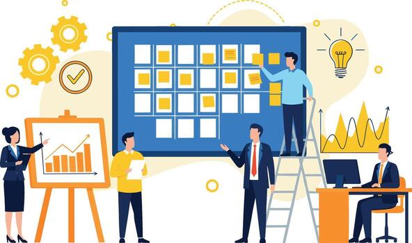 Business team collaborating on a project timeline in a modern office brainstorming ideas and planning strategies for success and business vector