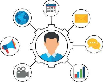 Centralized professional managing diverse communication channels and data streams in a connected network illustrating efficiency and organ vector