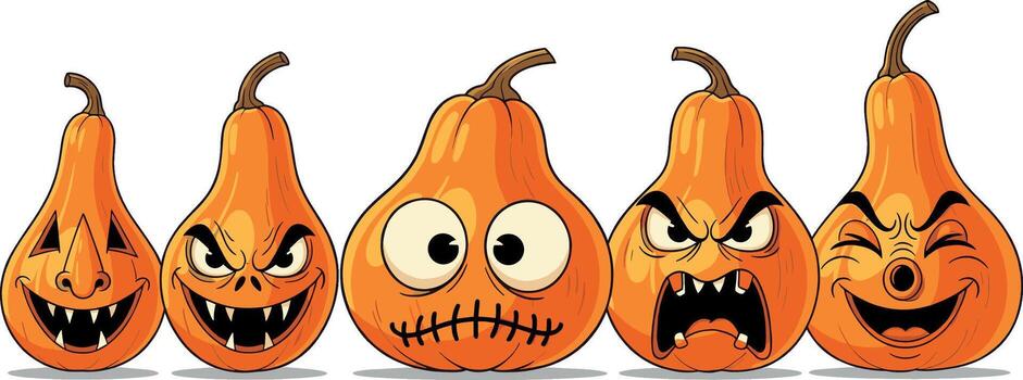 Cartoon pumpkins displaying various emotions lined up against a white background creating a playful and spooky Halloween atmosphere vector