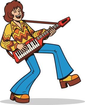 Energetic musician joyfully playing a keytar with retro style radiating a vibrant and nostalgic vibe in a lively performance setting vector