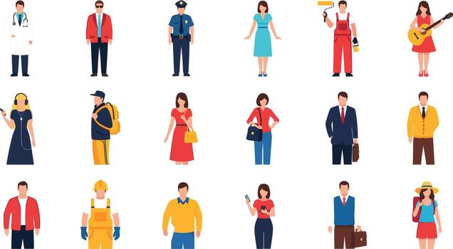 diverso grupo de personas en varios profesiones en pie en un estudio representando carrera opciones y comunidad exhibiendo diferente ocupar vector