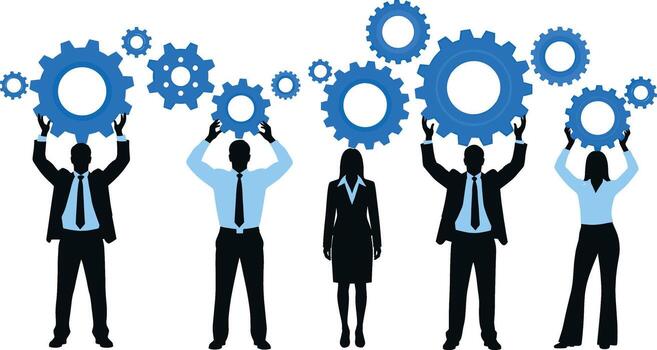 Team of business people lifting blue gears in a collaborative effort symbolizing teamwork innovation and successful business strategy on w vector