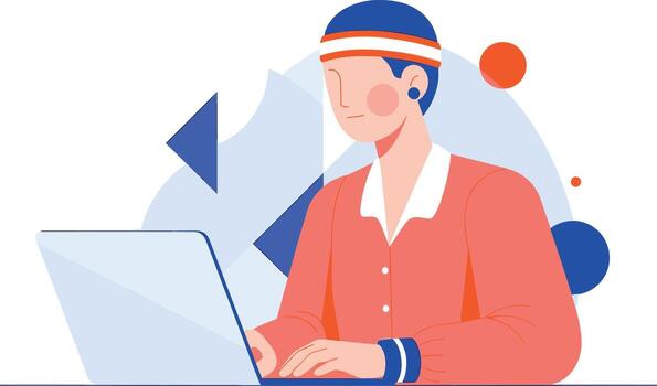 joven hombre trabajando en ordenador portátil computadora con resumen formas en antecedentes. vector