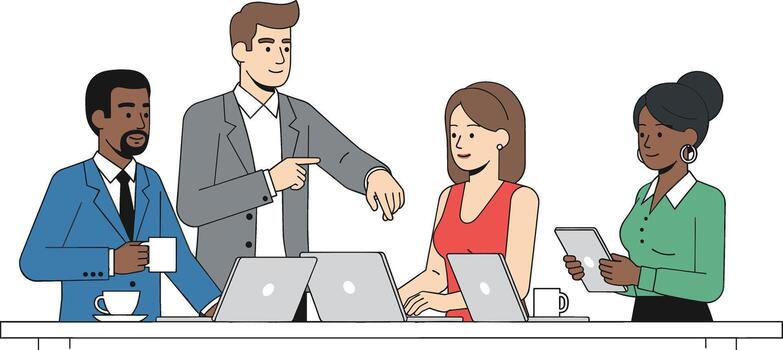 diverso negocio equipo colaborando en laptops en un moderno oficina lluvia de ideas ideas y Fomentando trabajo en equipo para un exitoso proyecto fuera vector