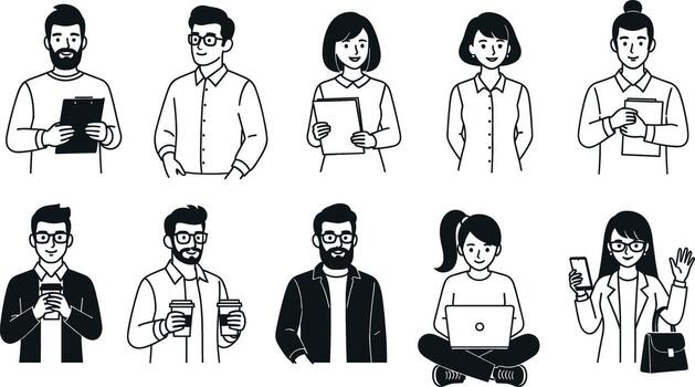 Diverse group of professional people in a minimalist style working and communicating showcasing teamwork and modern workplace culture with vector