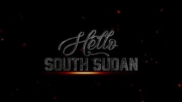 filmische Welkom tekst voor zuiden Soedan, met gloeiend, getextureerde typografie en dynamisch deeltje Effecten Aan een donker achtergrond video