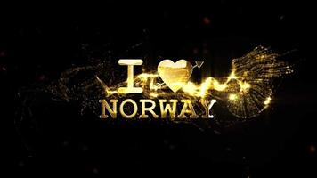 lysande gyllene text 'jag kärlek Norge skimrande med elegant partikel effekter mot en mörk bakgrund, frammanande nationell stolthet och firande i en dynamisk digital visa video