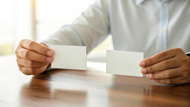 A person holds two blank cards mockup, a minimalist design, with a wooden table and soft natural light in the background. photo