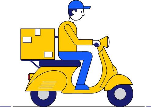 Delivery man riding a yellow scooter with a package on the back delivering goods quickly and efficiently conveying speed and convenience vector