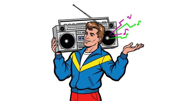 Retro Boombox Vibes Man with 80s Radio and Music Notes Pop Art Style vector