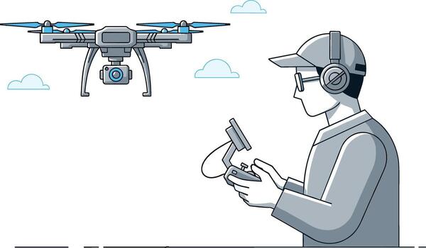 Drone pilot operating a drone in a clear sky with fluffy clouds showcasing modern technology and precision aerial photography capabilities vector