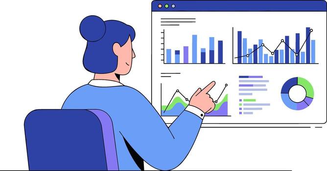 Focused businesswoman analyzing financial data on a large screen in a modern office showcasing data-driven insights and strategic decision vector
