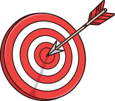 Cartoon arrow hitting the bullseye on a red and white target symbolizing accuracy achievement and success in a competitive environment vector