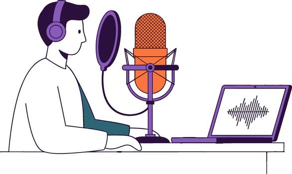 Young man recording a podcast in a home studio with a microphone and laptop creating engaging content and fostering a creative atmosphere vector