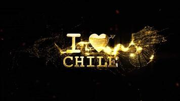 jag kärlek chile meddelande i en lyxig gyllene font med en hjärta symbol, framväxande från en virvla runt av gnistrande partiklar video