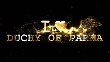 gyllene text animering av jag kärlek hertigdömet av parma med en gnistrande hjärta och abstrakt partiklar, konstnärlig bakgrund video