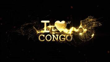 jag kärlek kongo text i elegant gyllene typografi med en hjärta symbol och gnistrande partikel effekter på en svart bakgrund video