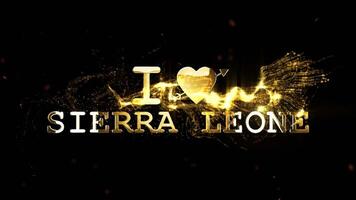 scintillante d'oro testo dichiarando in profondità affetto per sierra leone, meravigliosamente animato con scintillante particella sentieri su un' drammatico nero sfondo video