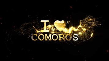 gyllene 'jag kärlek Komorerna deklaration, med en lysande hjärta och skimrande partikel effekter, mot en mörk, dynamisk bakgrund video