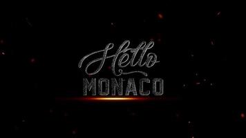 cativante cinematográfico título seqüência apresentando texturizado metálico 'olá Mônaco' texto com vibrante brilhando faíscas, perfeito para evento introduções video