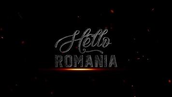 cinematográfico texto logotipo para saudações 'olá Romênia' dentro uma dramático e noivando estilo com brilhar efeitos e fogo elementos video