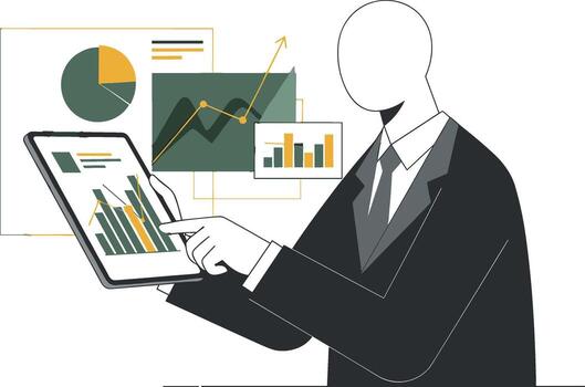 Faceless businessman analyzing financial data on a tablet with charts and graphs showcasing business intelligence and data-driven decision vector