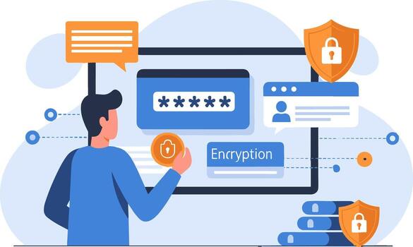 Man securing data with encryption and password protection in a digital environment ensuring privacy and data security with a modern secure vector