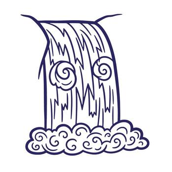Simple doodle out line illustration of a serene waterfall flowing into a cloudy base vector