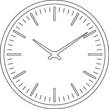 Black and white simple line drawing of a round clock face time analog clock vector