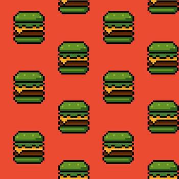 sin costura modelo con píxel Arte hamburguesas con verde bollo en un rojo antecedentes vector