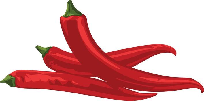 Three red chili peppers are stacked on top of each other, with green stems, against a white background. vector