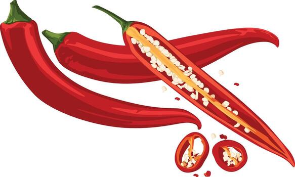 Illustration of three red chili peppers, one sliced lengthwise, with seeds visible, and two cross-sectional slices. vector