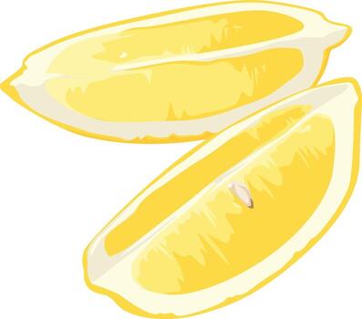 Two lemon wedges are shown, one with a seed visible, isolated on a white background. vector